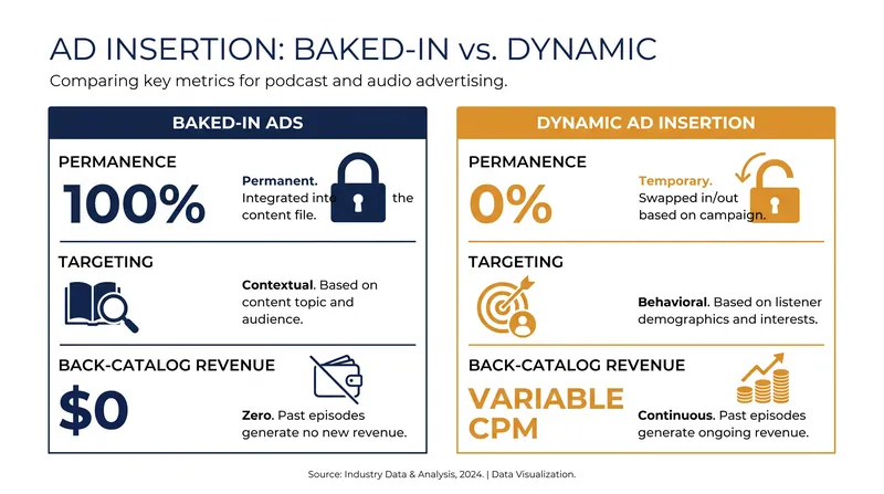 Comparing the mechanics and revenue potential of baked-in versus dynamic podcast advertising.