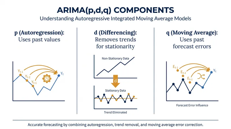 The three parameters that define an ARIMA model's architecture.