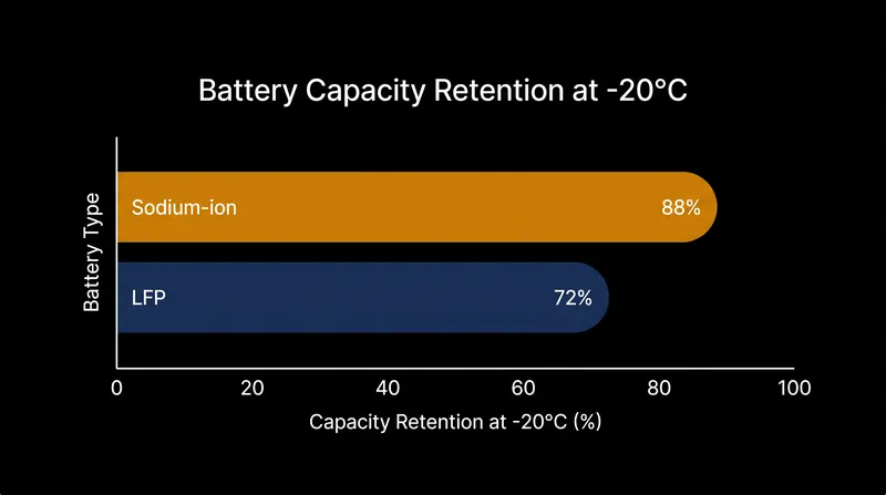 Sodium-ion cells maintain significantly more usable capacity in sub-freezing temperatures without requiring active heating.