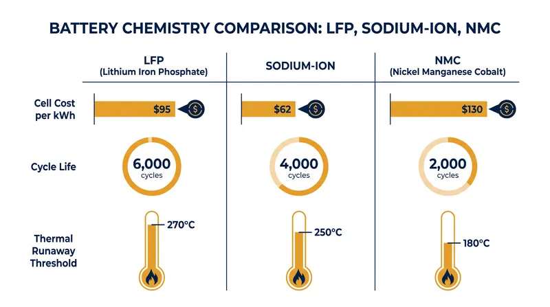 LFP currently offers the best balance of proven cycle life and thermal stability, while sodium-ion leads on raw material cost.