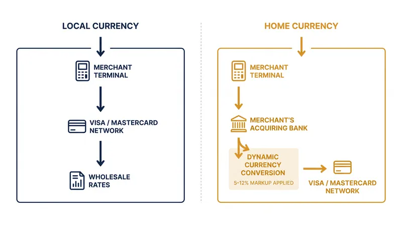 How selecting your home currency reroutes the transaction to a local bank's marked-up exchange rate.