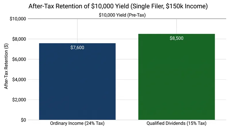 For a single filer earning $150,000, qualified dividends increase retained yield by 11.8% compared to ordinary interest.