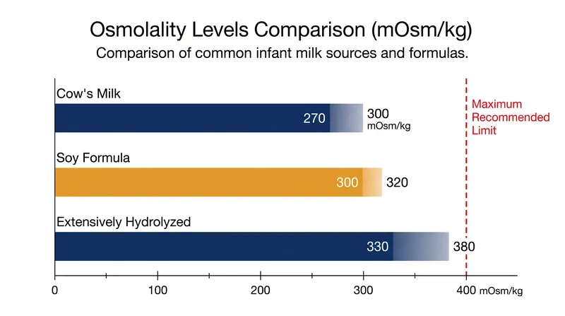 Breaking down proteins into smaller peptides increases the total number of dissolved particles, driving up the formula's osmolality.