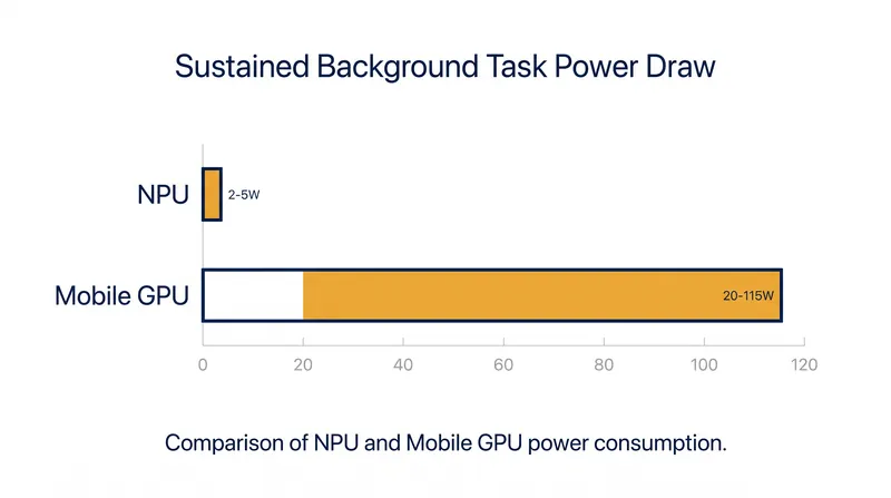 Power consumption comparison for sustained background workloads like video background blurring.