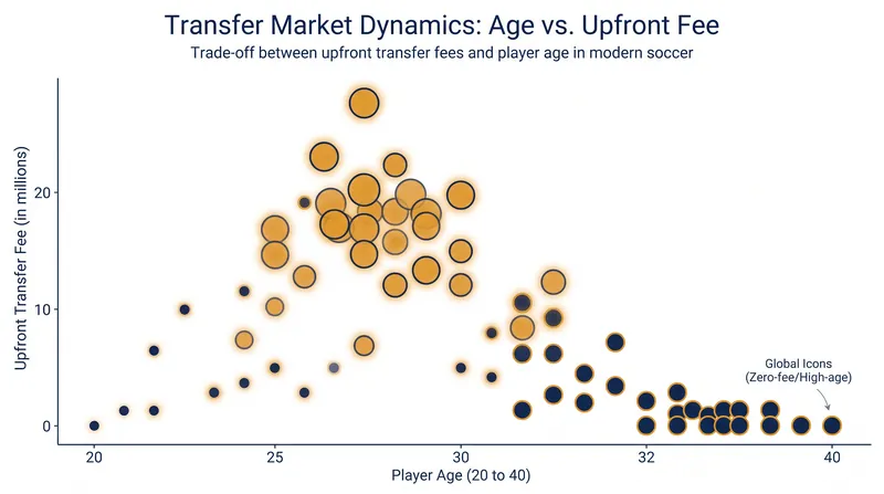 The dual transfer strategies present a stark contrast: massive upfront fees for 25-year-olds versus zero-fee acquisitions for late-career superstars.