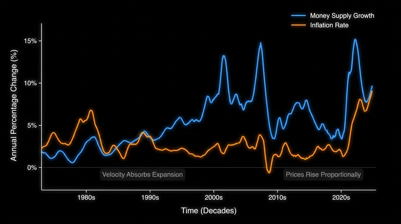 Increases in the money supply do not always translate directly to inflation if velocity drops or output rises.