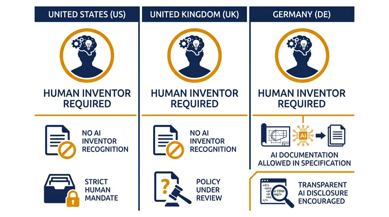 While the US, UK, and Germany all require human inventors, Germany permits AI attribution in the patent specification.