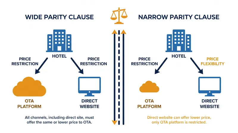 How wide and narrow parity clauses restrict a hotel's ability to set its own room rates.