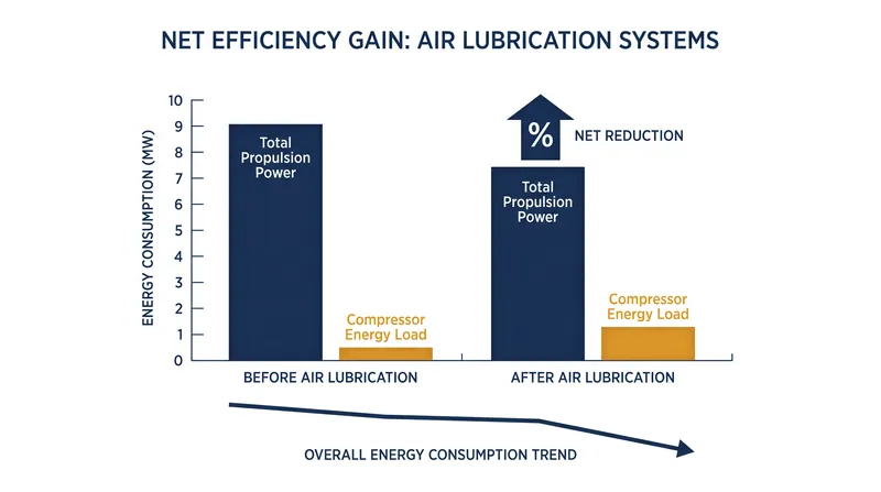 The commercial viability of air lubrication relies on propulsion savings exceeding the compressor's electrical load.