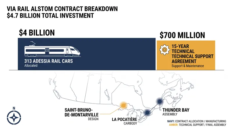 The $4.7 billion procurement mandates domestic production, distributing design and assembly across three Canadian facilities.