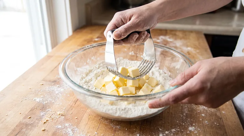 Cutting cold fat into flour ensures it remains in discrete pockets rather than dissolving into the dough.
