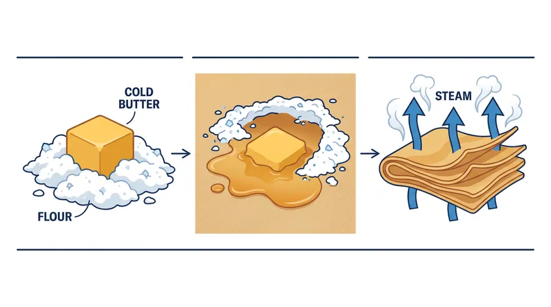 How solid fats create lift: as butter melts, its water content vaporizes into steam, forcing dough layers apart.