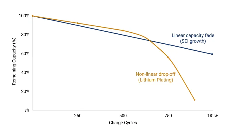 Battery degradation remains linear and predictable under normal use, but falls off sharply once lithium plating begins.