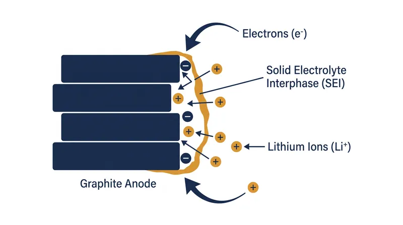 The Solid Electrolyte Interphase (SEI) acts as a microscopic bouncer, allowing lithium ions to pass while protecting the liquid electrolyte.