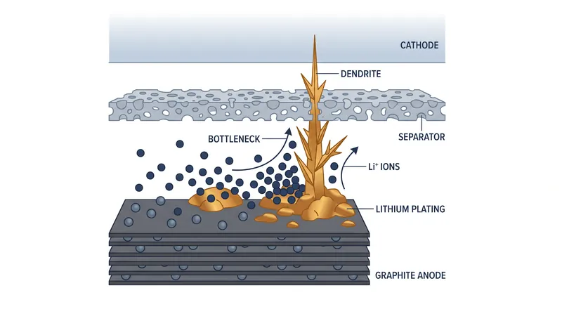 When charged too quickly, lithium ions pile up on the anode surface and turn into solid metal, permanently reducing capacity.