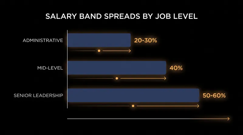 Salary band spreads widen significantly at higher levels of responsibility to accommodate longer tenures.