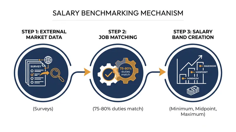 The structural sequence from external market surveys to internal pay grades.