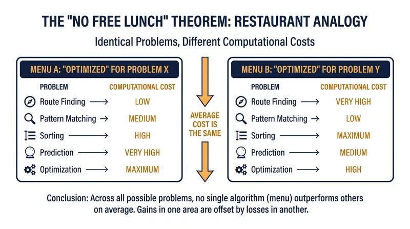 In a universe where all problems are equally likely, an algorithm's advantage on one task is perfectly offset by a disadvantage on another.