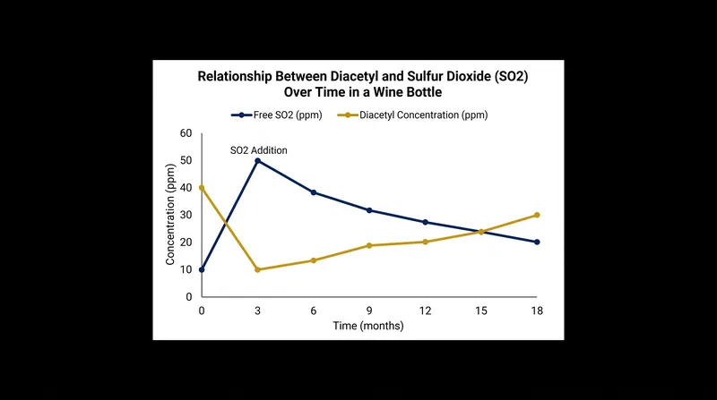 Diacetyl binds reversibly with sulfur dioxide, meaning buttery aromas can re-emerge as free SO2 drops during bottle aging.