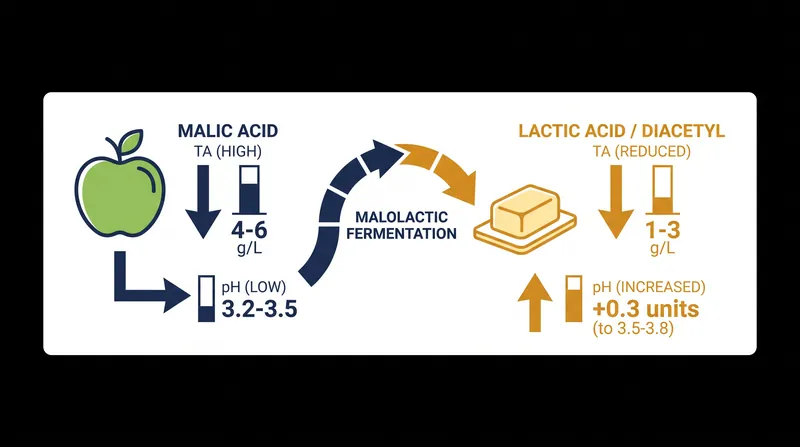 The conversion of malic to lactic acid measurably drops the wine's titratable acidity while raising its pH.