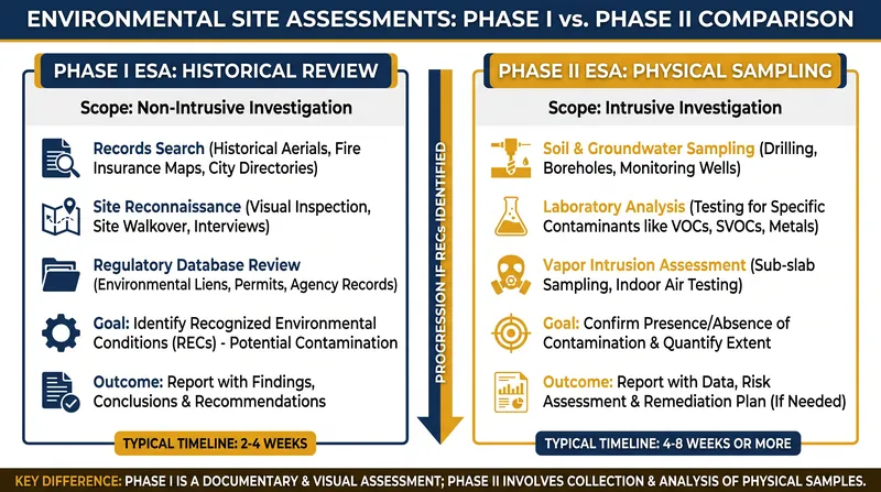 While Phase I relies on records and visual inspections, Phase II requires physical sampling of soil and groundwater.