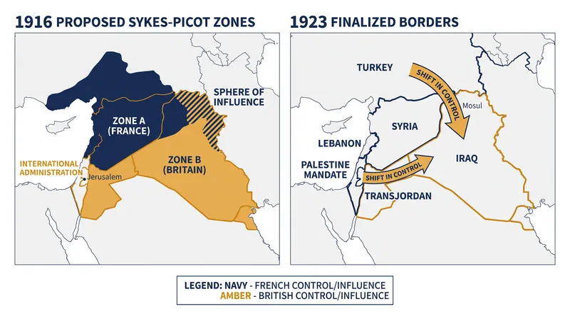 The borders proposed in 1916 were heavily modified by the 1920 San Remo conference and the 1923 Treaty of Lausanne.