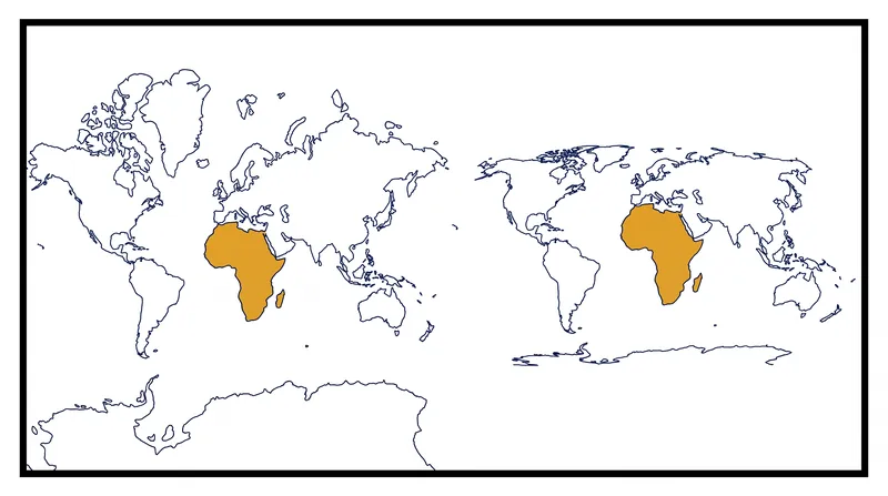 The Mercator projection (left) artificially inflates landmasses near the poles, making Greenland appear roughly the same size as Africa, which is actually 14 times larger.