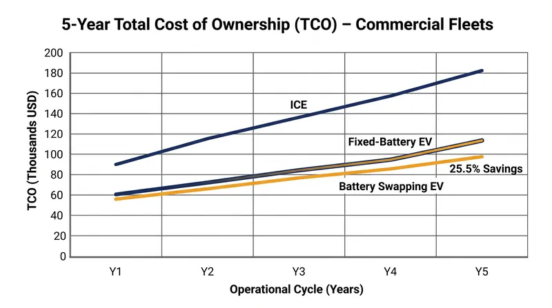 For high-demand commercial fleets, the elimination of charging downtime makes battery swapping the most cost-effective model over a five-year cycle.