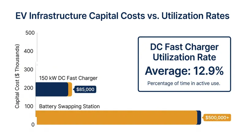 Battery swapping requires significantly higher upfront capital, but alters the utilization math by servicing vehicles faster.