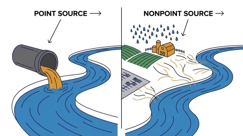 Point sources discharge from discrete conveyances, while nonpoint sources are driven by diffuse precipitation runoff.