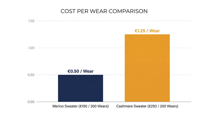 When factoring in functional lifespan, merino wool yields a significantly lower cost-per-wear than cashmere.