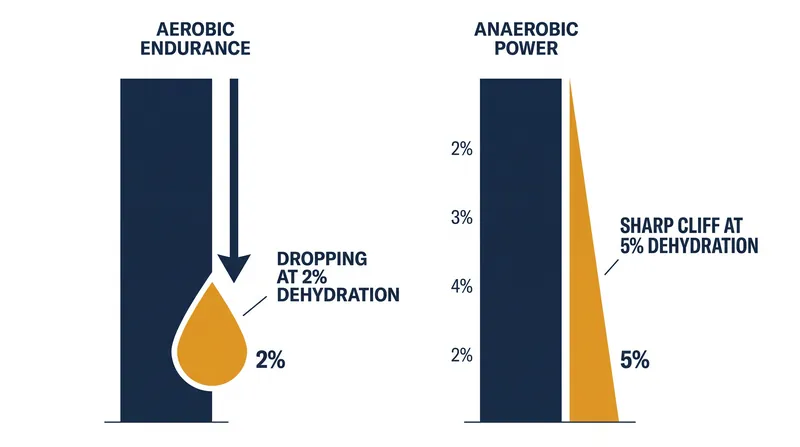 The physiological cliff: Aerobic capacity fades early, but explosive power collapses at the 5% dehydration mark.