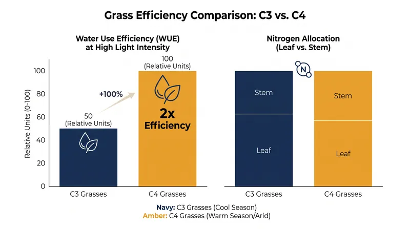 C4 grasses achieve higher photosynthetic rates while utilizing significantly less water and leaf nitrogen.