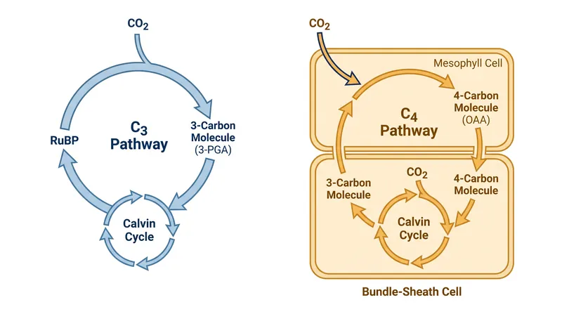 The C4 pathway utilizes a carbon-concentrating mechanism that prevents wasteful photorespiration in high heat.