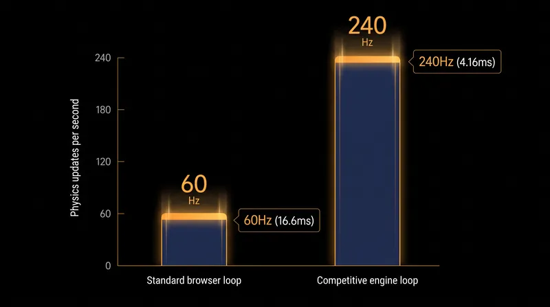 Competitive engines process physics interactions up to four times faster than standard browser loops.
