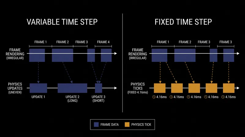 A fixed time step decouples the physics simulation from the visual rendering loop.