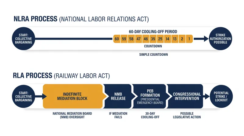 While the NLRA provides a fixed calendar to strike authorization, the RLA requires a multi-stage federal release process.
