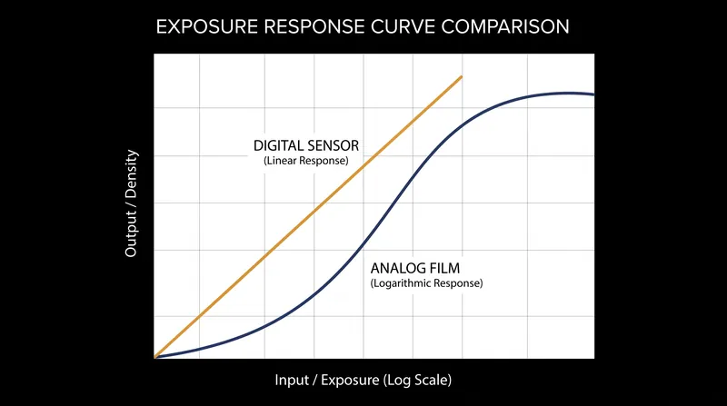 Unlike film, which gently compresses extreme highlights, digital sensors record light linearly until they abruptly clip to pure white.