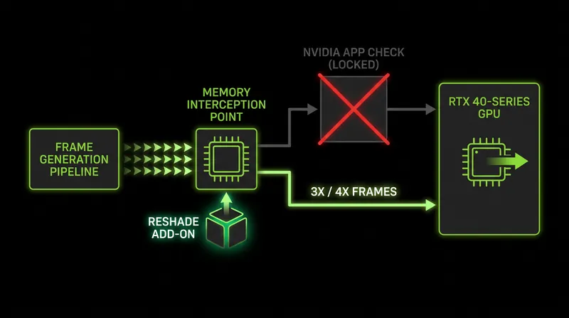 By intercepting Streamline and NGX functions in memory, the mod forces older Ada GPUs to position newly generated frames at correct intervals.