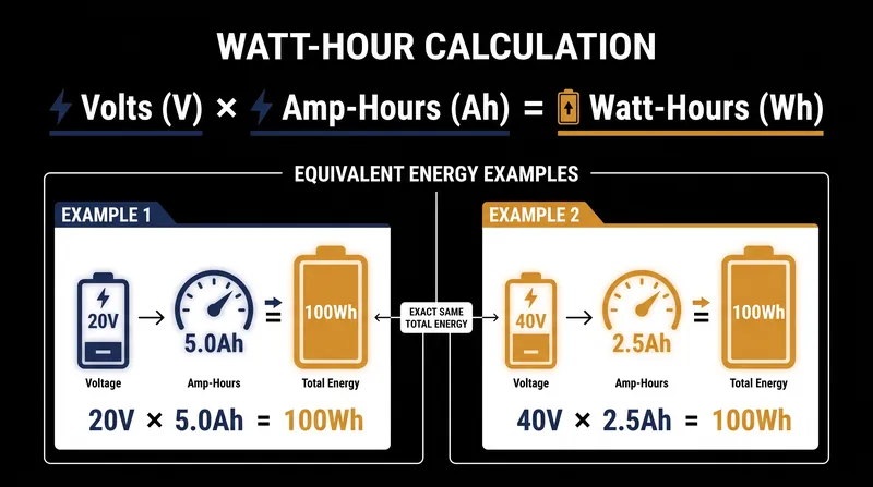Multiplying voltage by amp-hours reveals the true energy capacity of a battery pack.