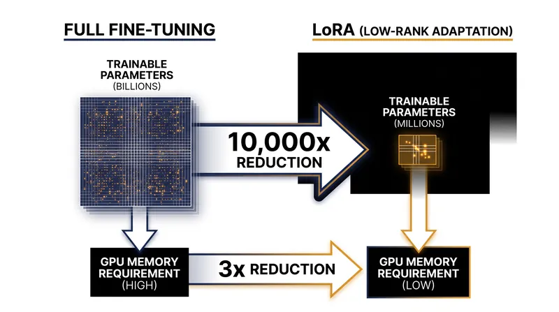 While trainable parameters drop by 99.99%, memory savings scale sub-linearly due to the base model's footprint.