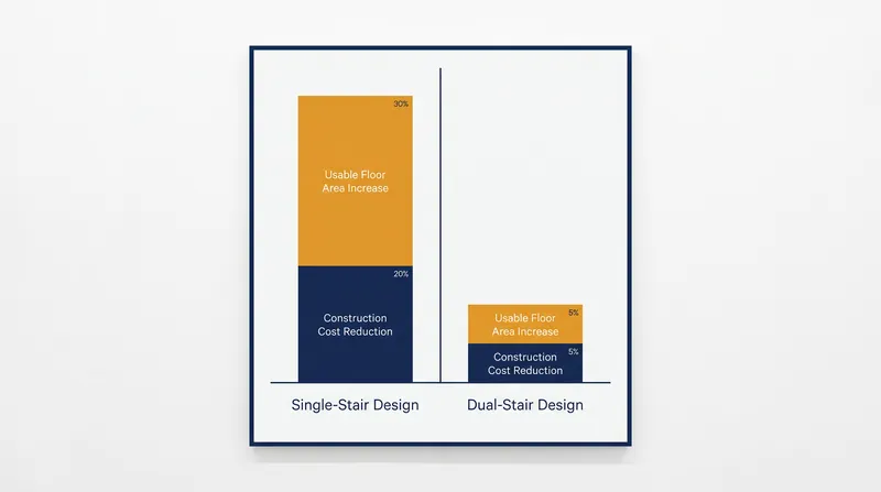 Single-stair designs can reduce construction costs by up to 13 percent by eliminating non-rentable hallway space.