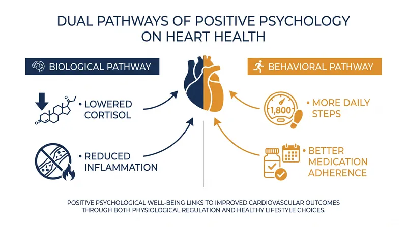 Mental well-being improves heart health through both direct biological changes and indirect behavioral shifts.