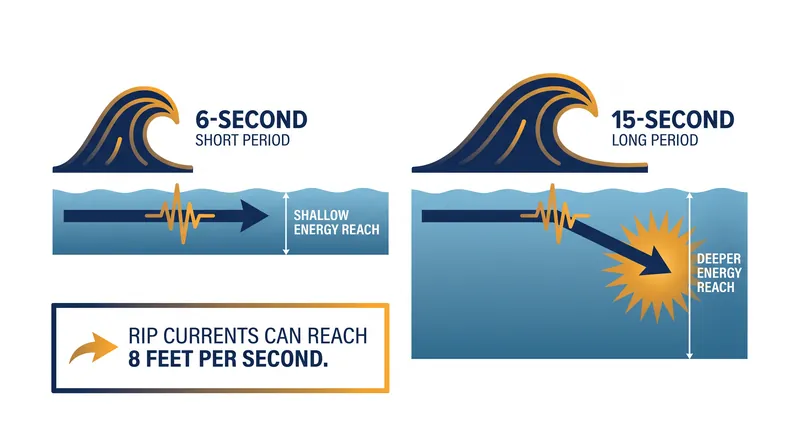 Long-period waves draw more water from deeper in the ocean, generating stronger return flows.