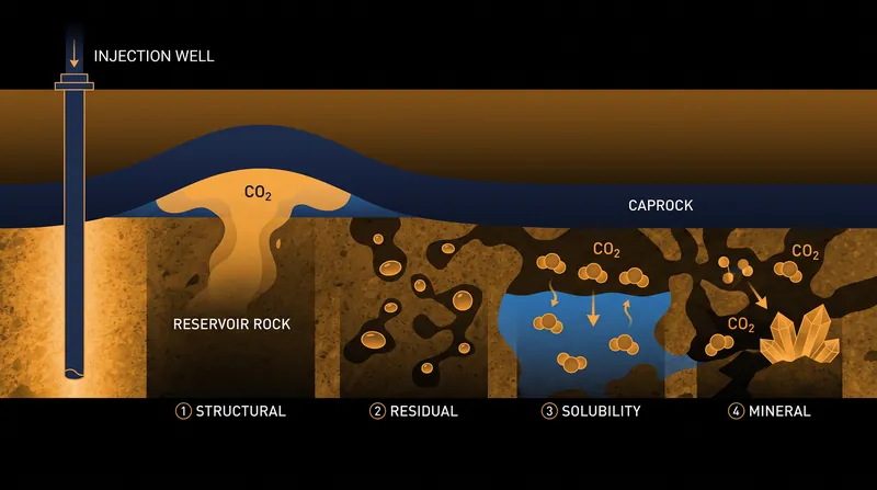 The four trapping mechanisms operate on different timescales, making the stored CO2 increasingly secure over centuries.