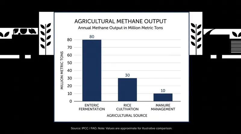 Livestock digestion produces substantially more methane annually than flooded rice paddies.