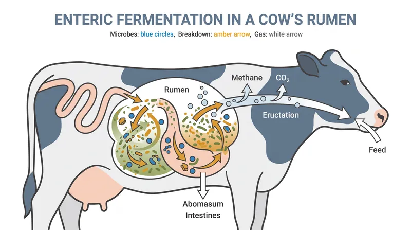 Methanogenic bacteria in the rumen break down complex carbohydrates, releasing methane as a byproduct.