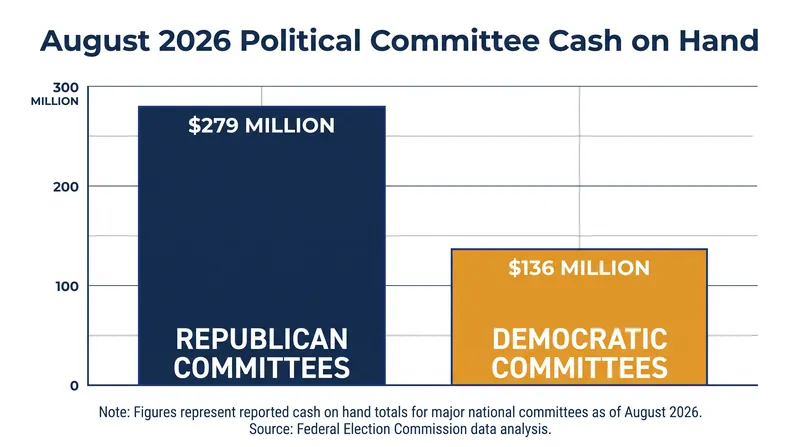 Republican national committees held a significant cash advantage over their Democratic counterparts entering August 2026.