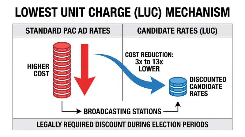 The lowest unit charge allows candidates and coordinated party committees to purchase airtime at a fraction of the standard commercial rate.