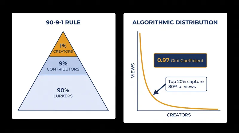 The transition from the 90-9-1 participation rule to algorithmic attention monopolies.